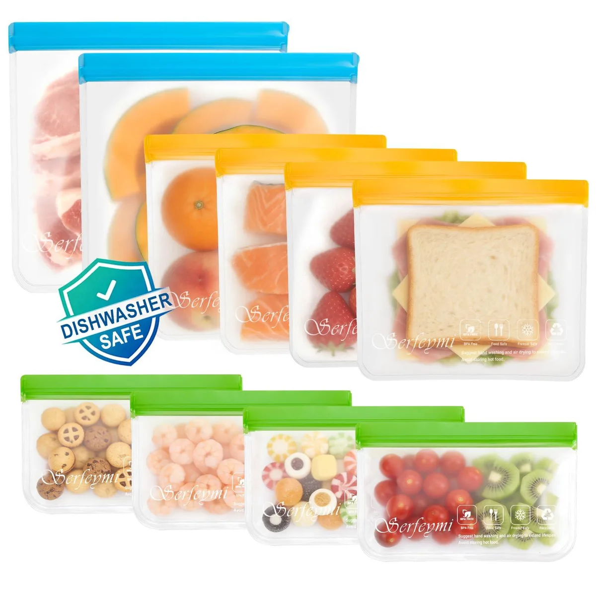 Ten reusable food storage bags in gallon sandwich and snack sizes with double zipper closure