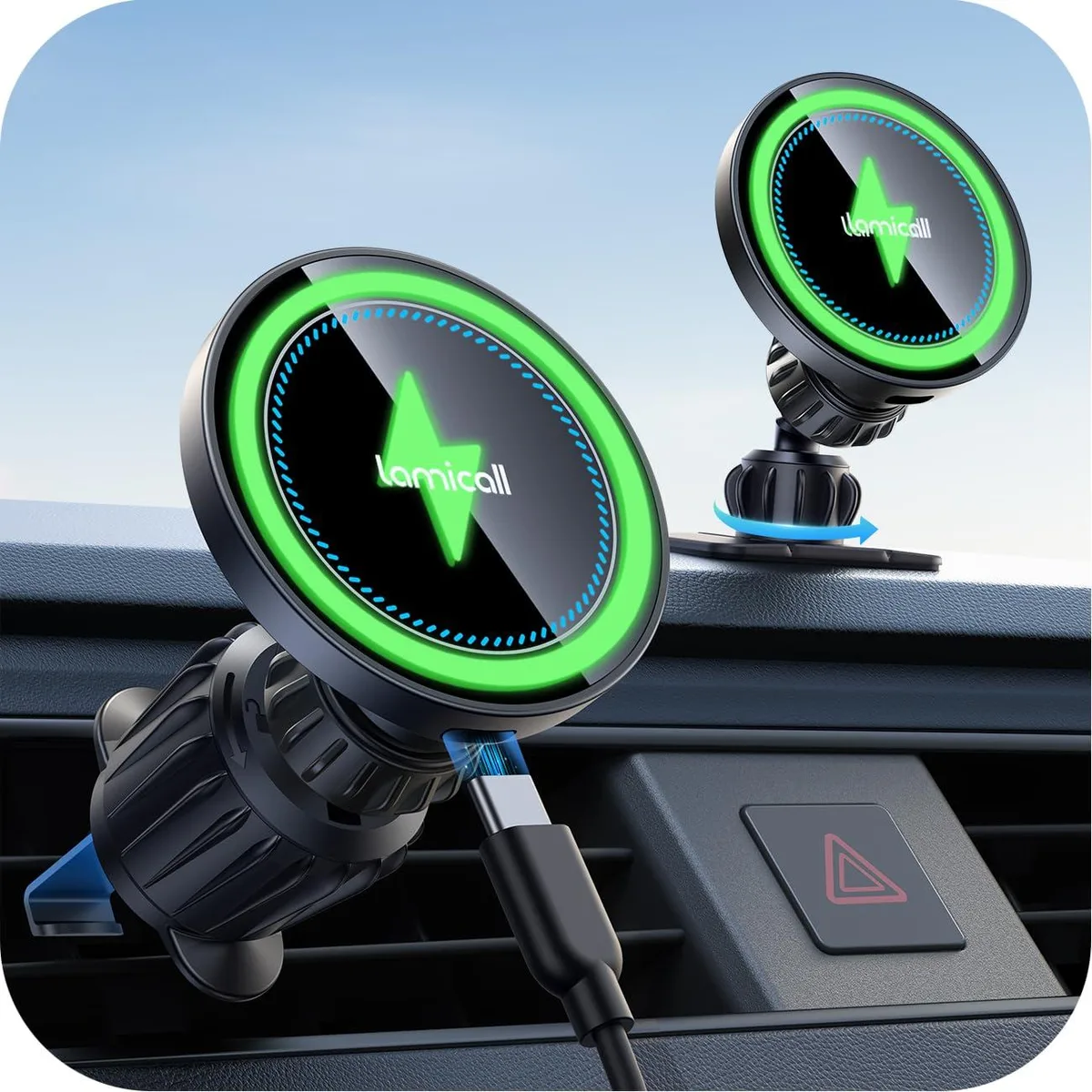 Black magnetic car mount charger with vent clip and dashboard base, blue indicator light visible