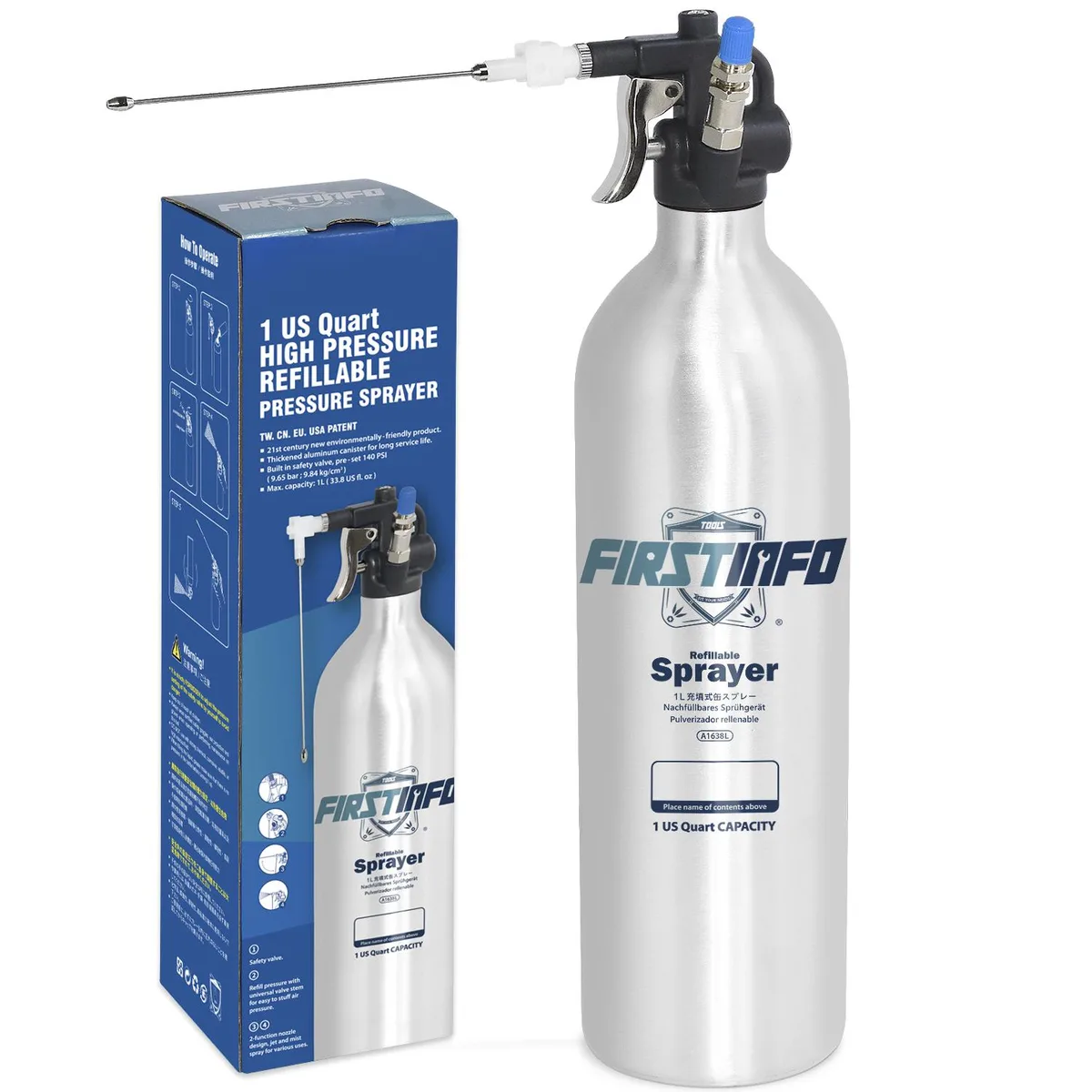 Silver aluminium refillable spray canister with adjustable two-way nozzle and pressure valve