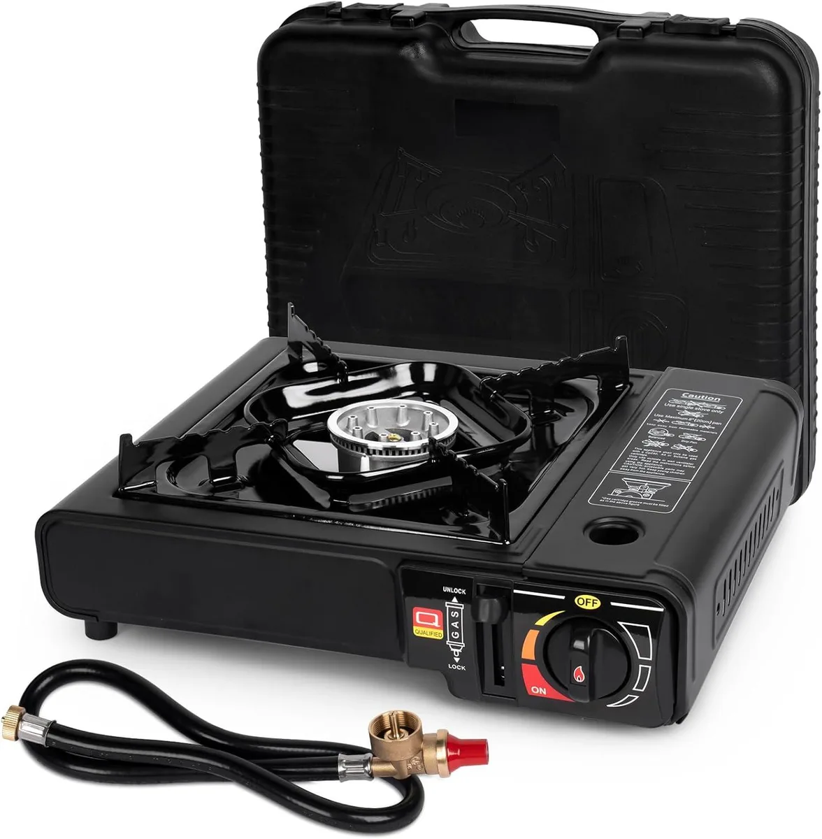 Compact silver camping stove with single burner, piezo ignition, propane adapter hose and black carry case