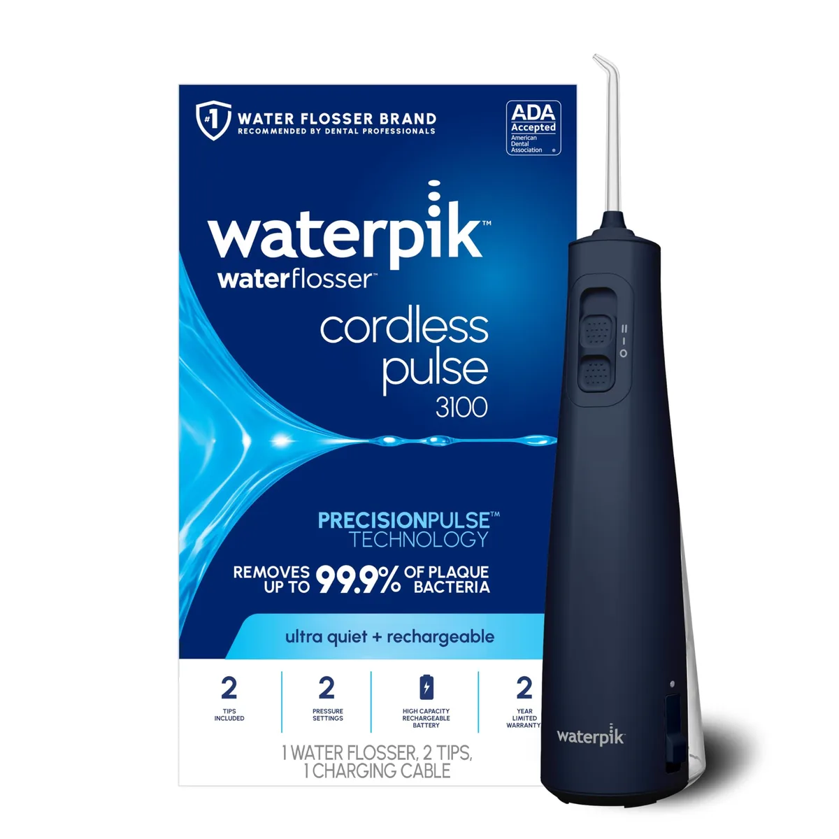 Blue cordless water flosser with removable reservoir and two tips