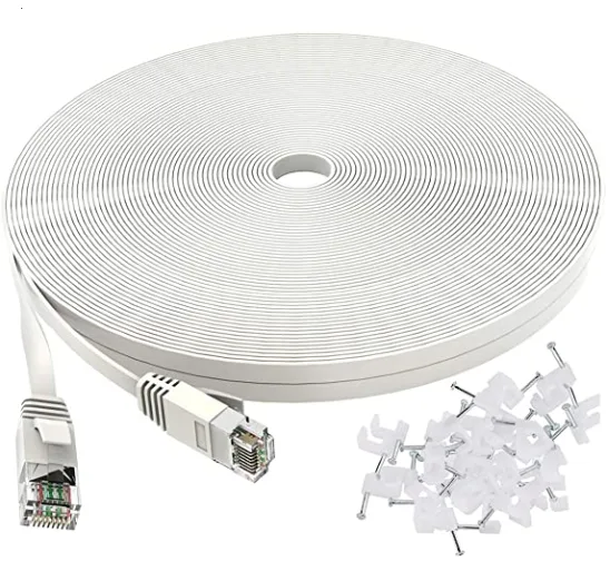 White flat Cat6 Ethernet cable fifty feet long with gold RJ45 connectors