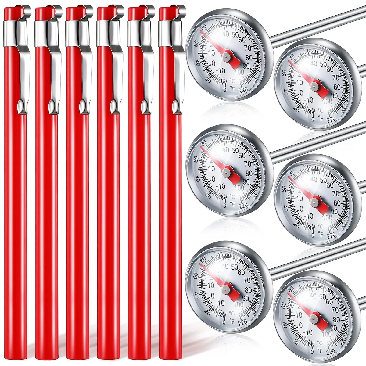 Six red stainless steel probe thermometers with 1 inch dials and 5 inch stems