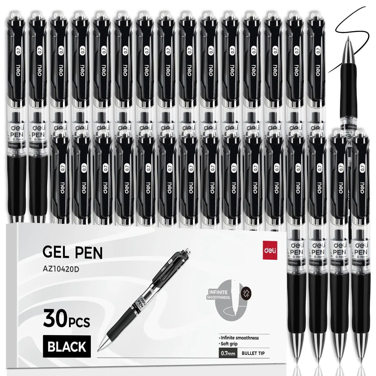 Box of 30 retractable black gel pens with rubber grips