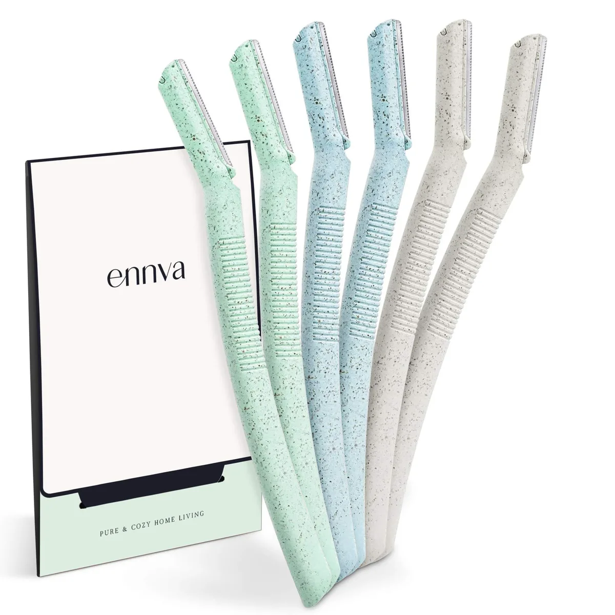 Six dermaplane razors in blue, green and white with protective covers