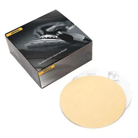 Box of fifty gold-coloured 6-inch hook-and-loop sanding discs P23-622-080