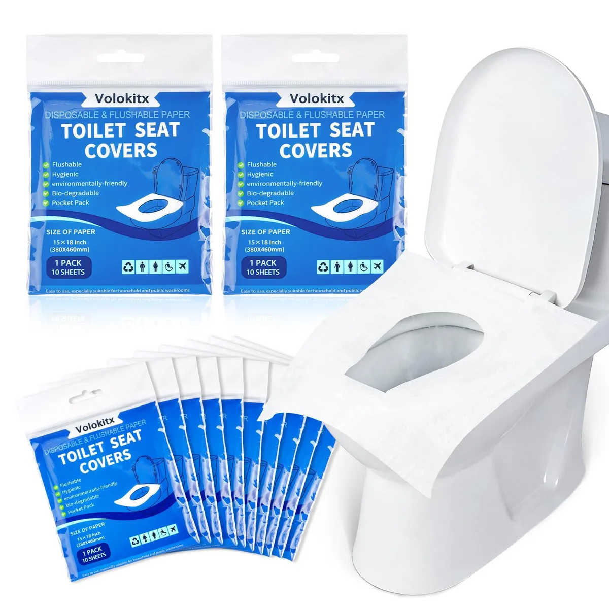 A stack of 120 individually wrapped flushable toilet seat covers in 12 packs of 10