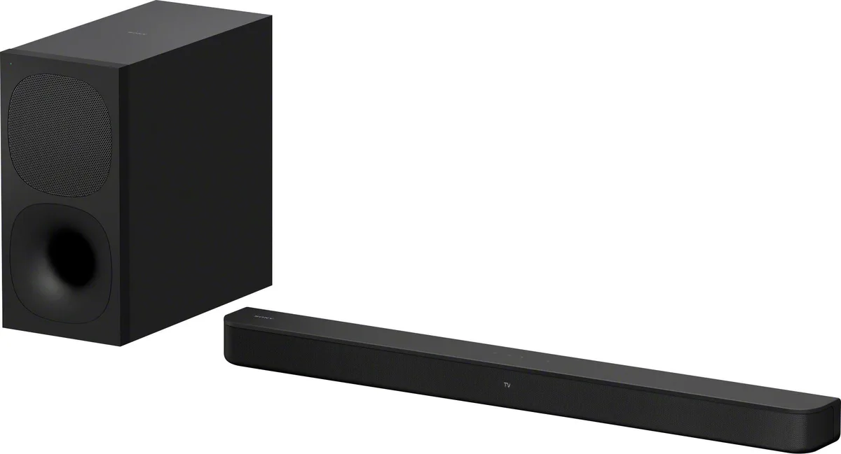 Black soundbar with separate wireless subwoofer