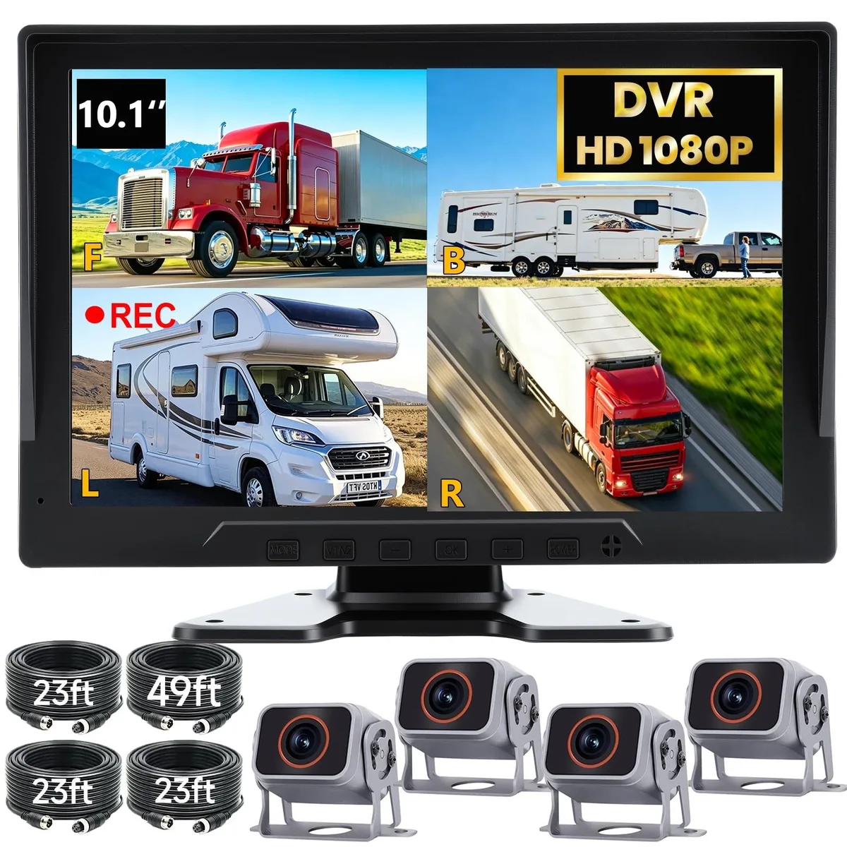 10.1 inch monitor with four wired cameras, quad split view