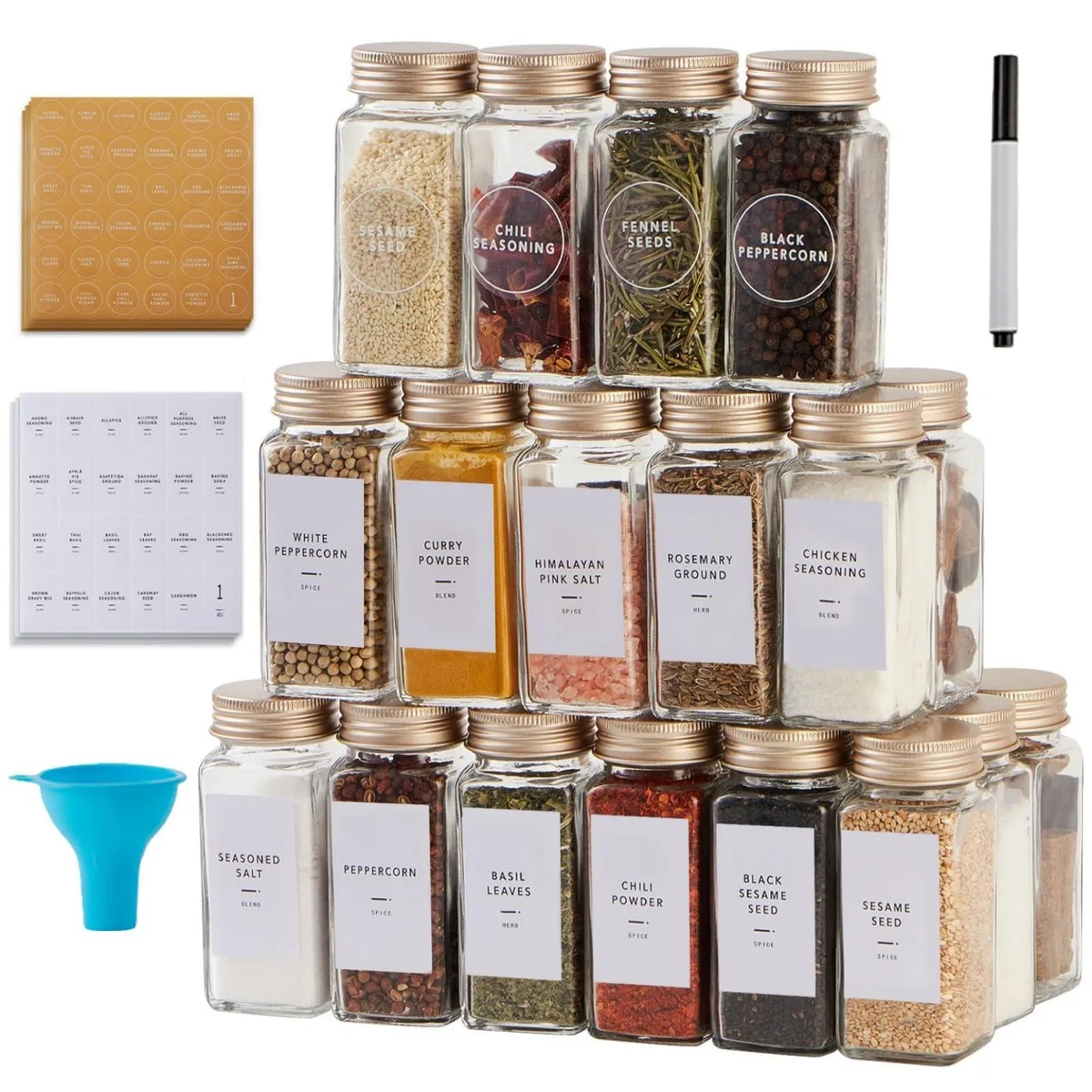  25 Pcs Glass Spice Jars with Gold Caps, Shaker Lids, Funnel, Chalk Pen, 4oz, Red — product photo
