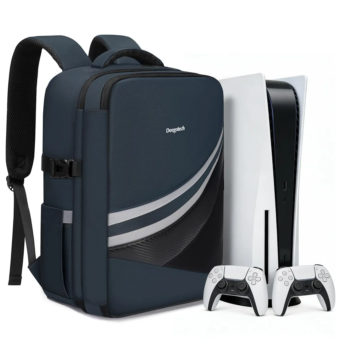 Black polyester backpack-style carry case with padded shoulder straps, top handle, and luggage pass-through strap