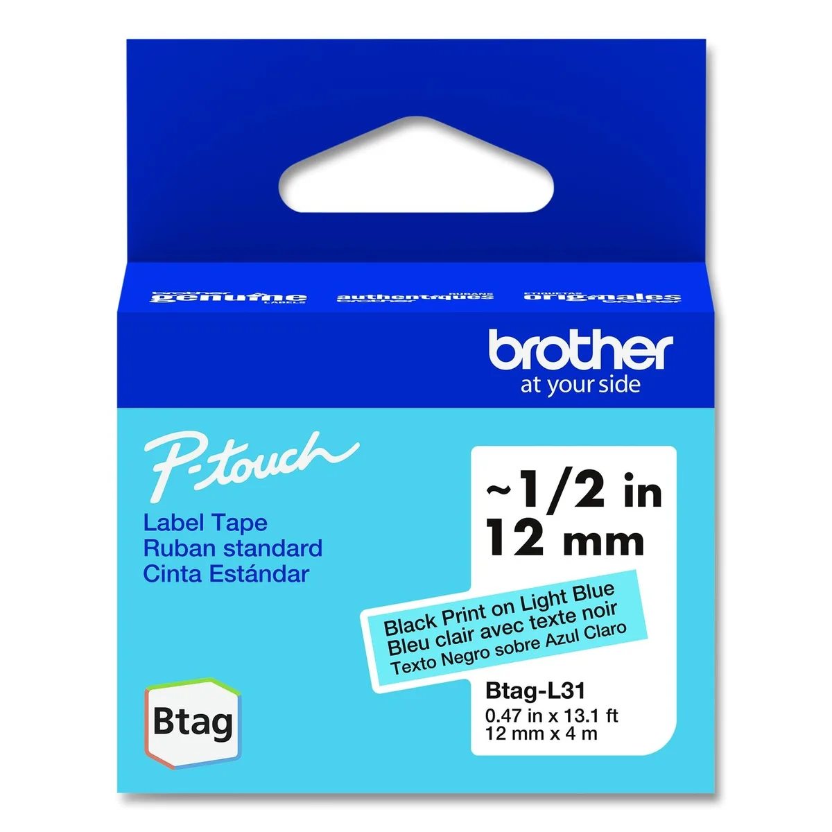 Brother Brother P-Touch BTAG Label Tape 0.47" x 13.1 ft Black on Light Blue BTAGL31 — product photo