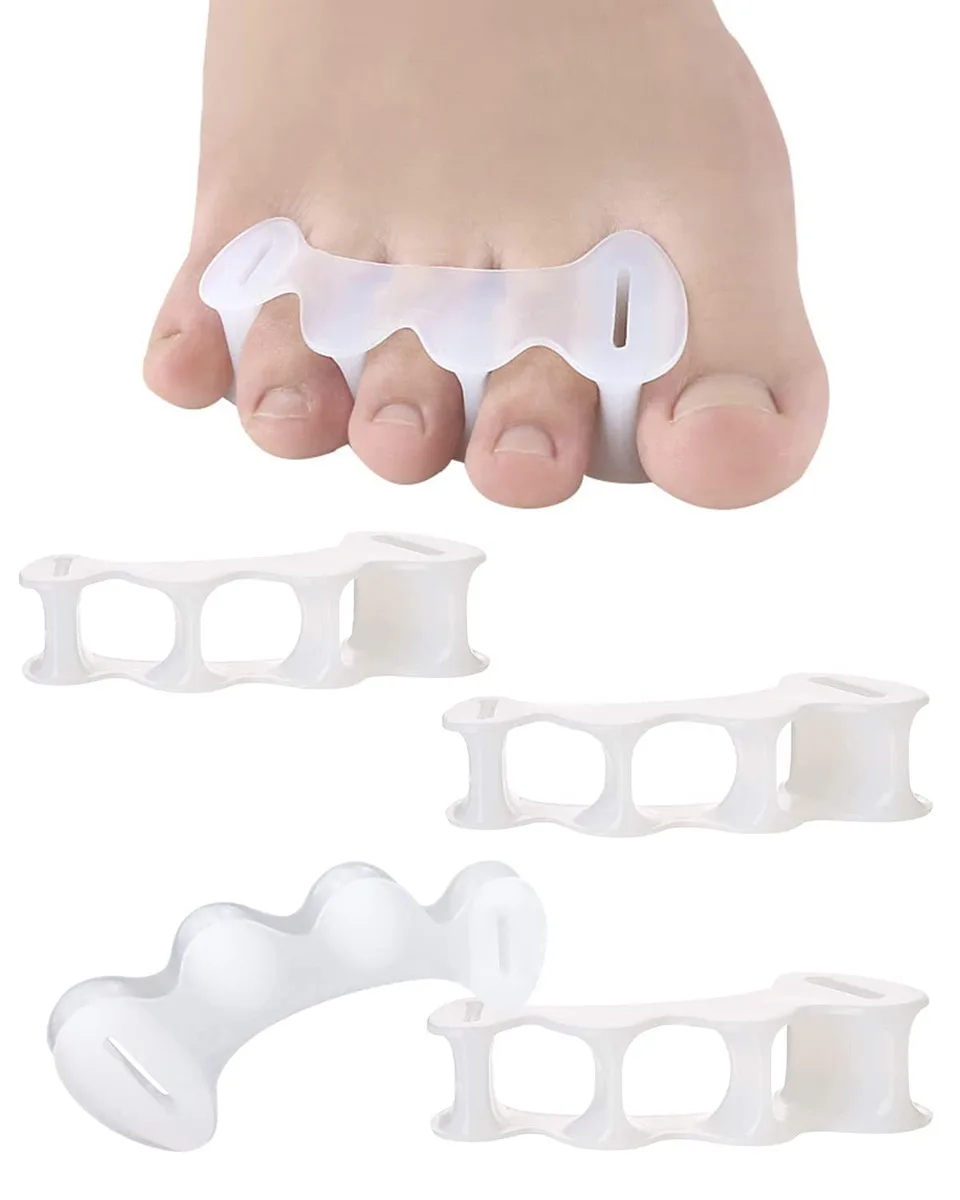Two pairs of translucent gel toe spacers with three loops each, size medium