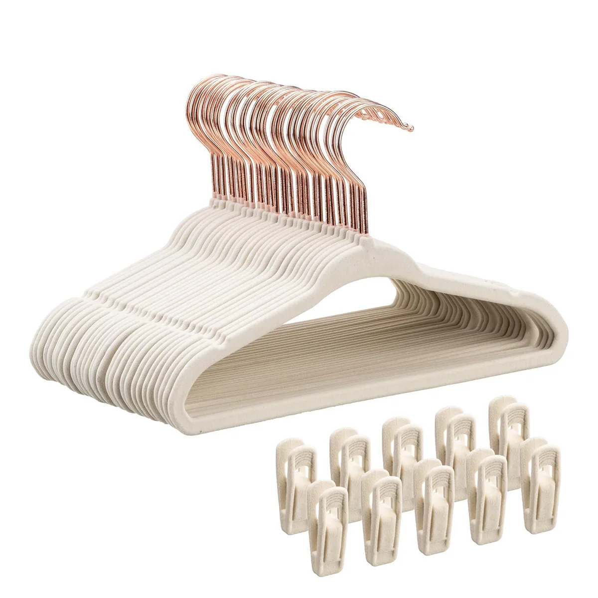 Beige velvet baby hangers, 30 slim pieces plus 10 clips, rose gold hooks