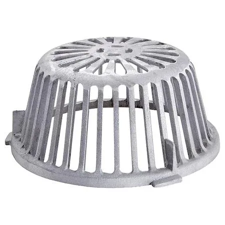 Round silver aluminum dome strainer with slotted grate, flanged edge, 11 1/8 inch diameter, 5 1/4 inch height
