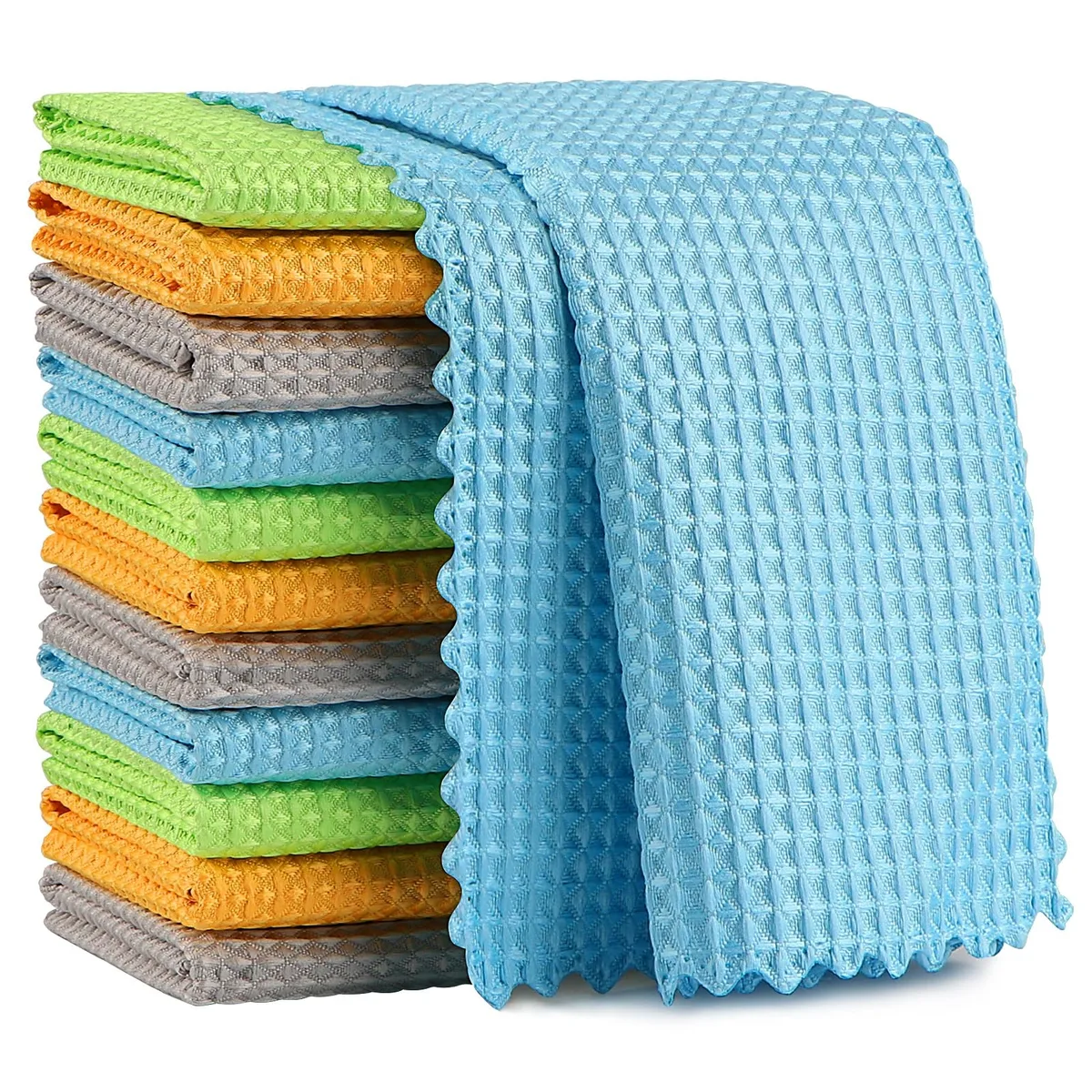 Pack of twelve blue microfibre cloths, each 11 by 11 inches