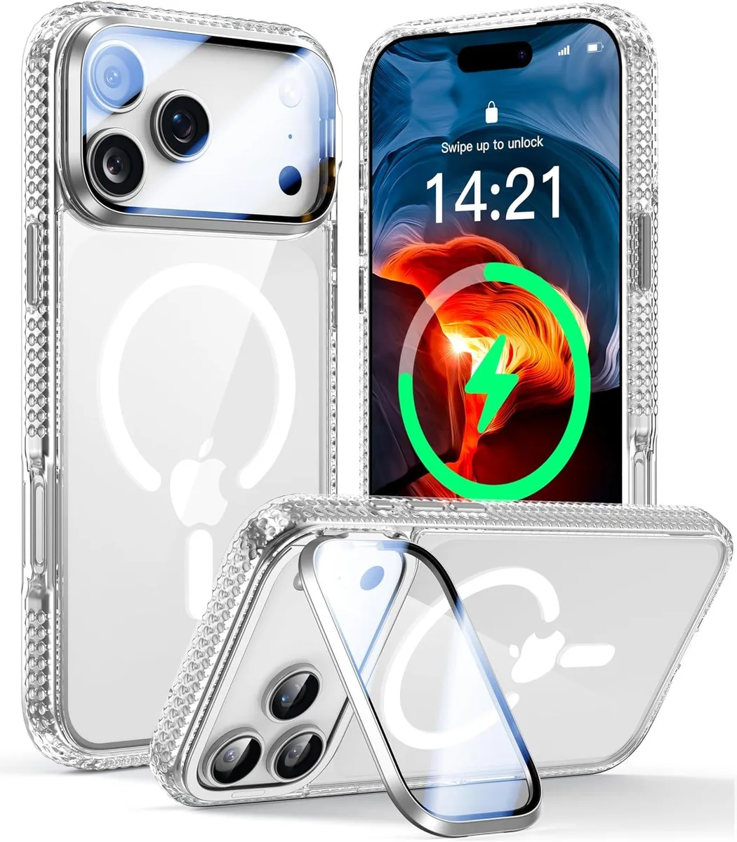 Clear iPhone 17 Pro Max case with built-in camera cover and fold-out stand