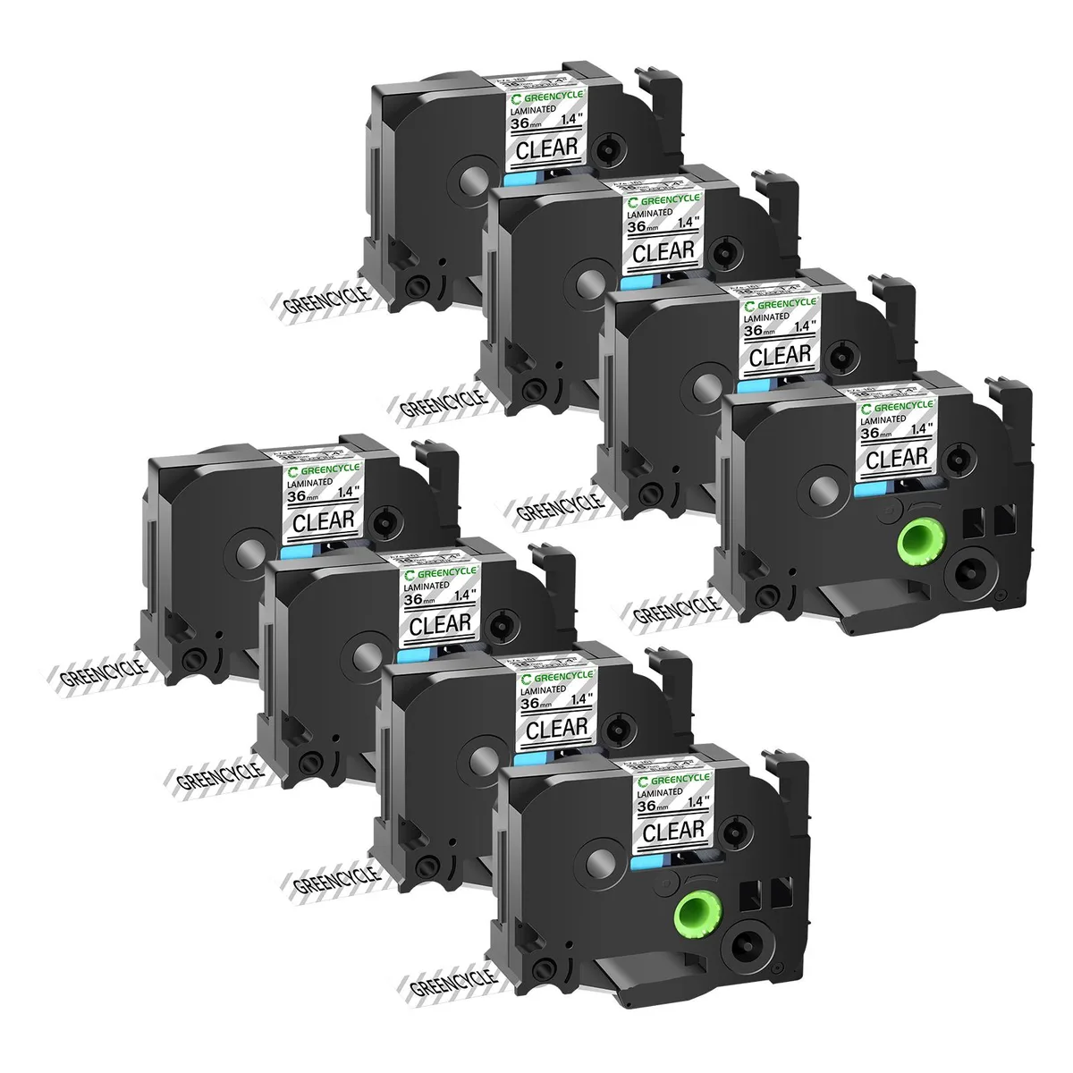 GREENCYCLE GREENCYCLE TZe-161 36mm 1.4" Black on Clear Laminated Label Tape 8 Pack — product photo