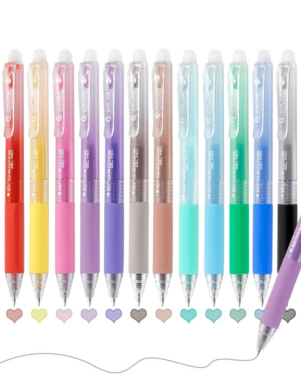 A set of twelve erasable gel pens in a plastic case