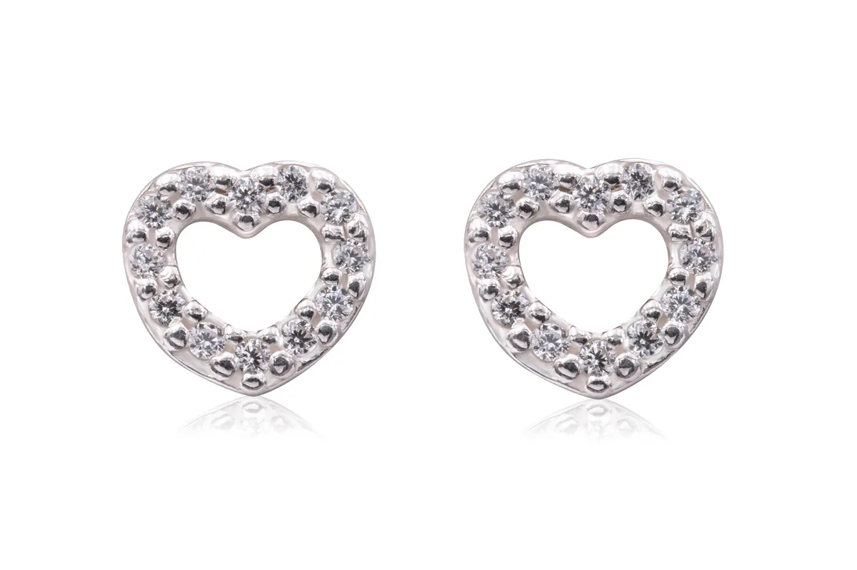 Pair of silver heart-shaped stud earrings with pave cubic zirconia detail