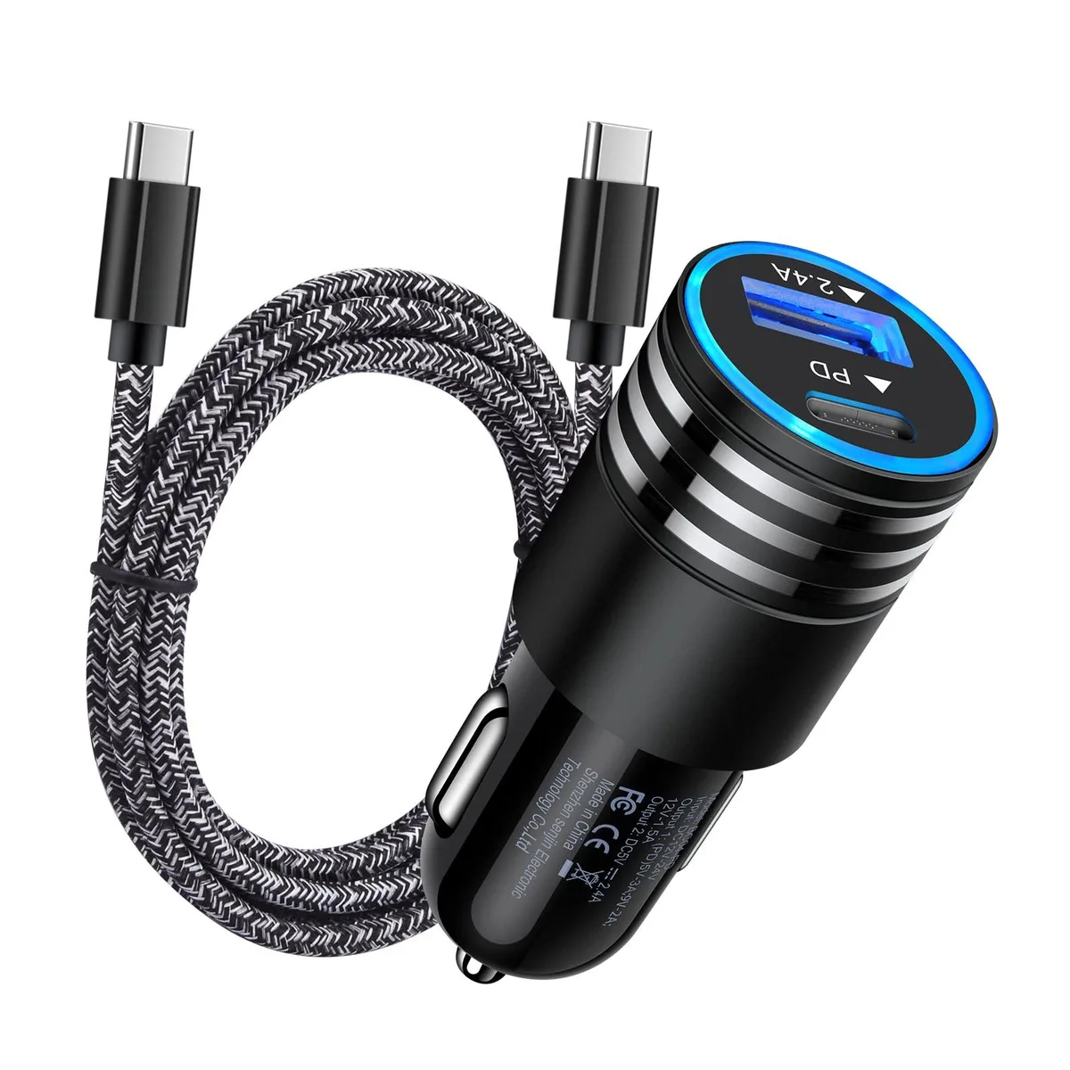 Compact car charger with USB-C and USB-A ports plus attached 3ft USB-C cable