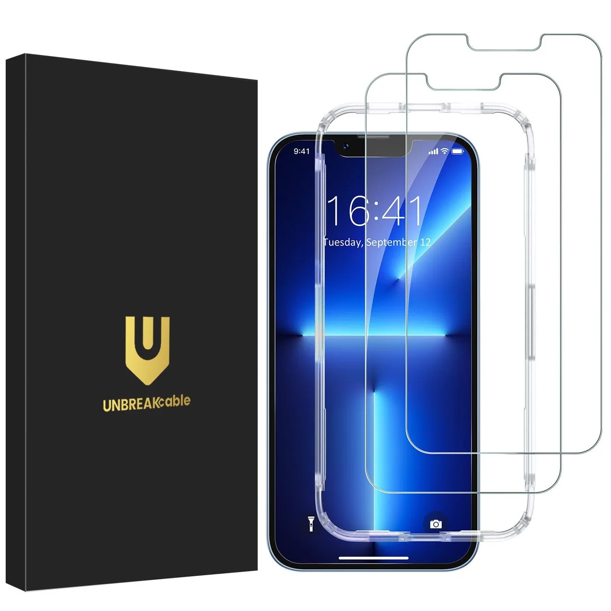 Two transparent glossy tempered glass screen protectors with installation frame