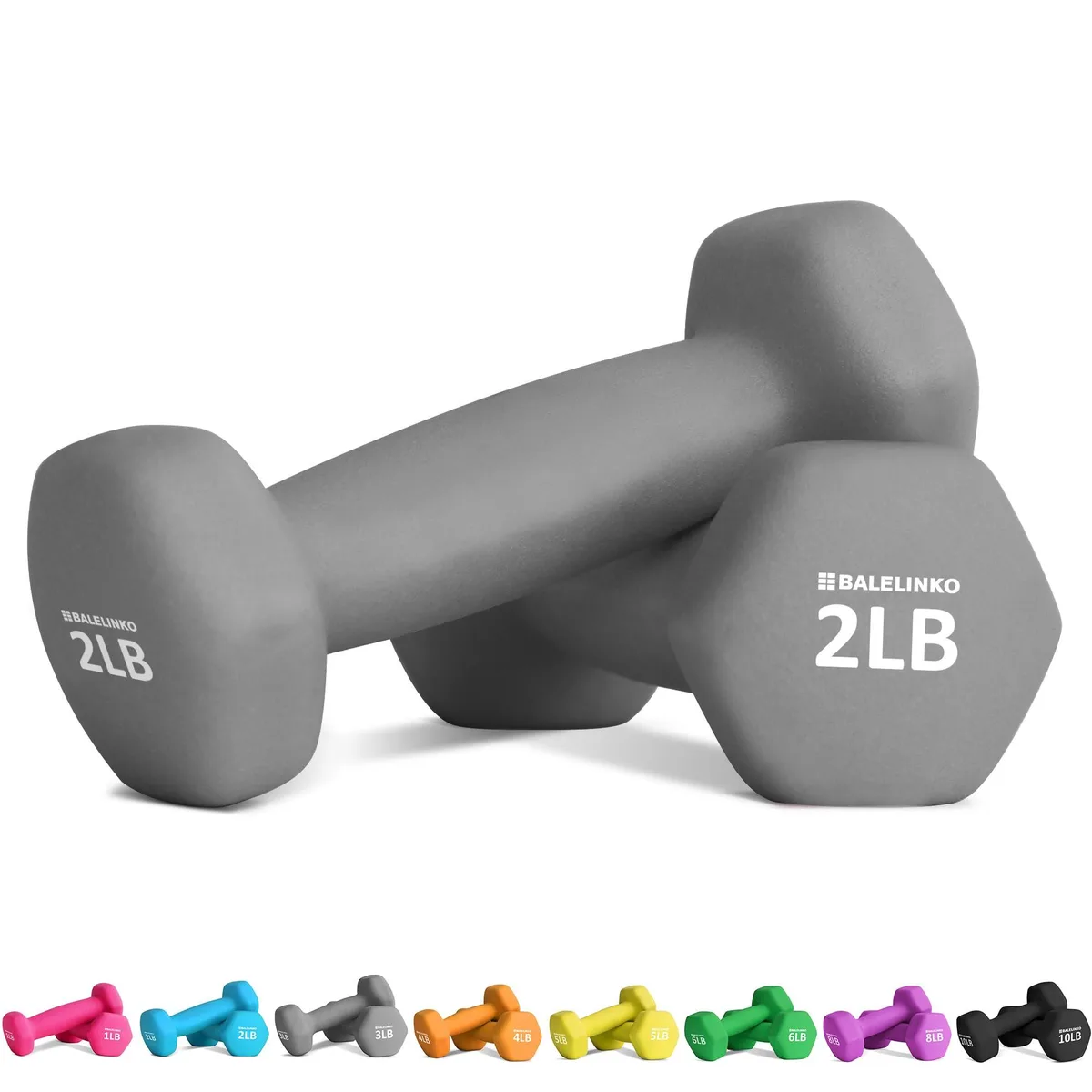 Pair of smoke-grey neoprene hex dumbbells with soft grip
