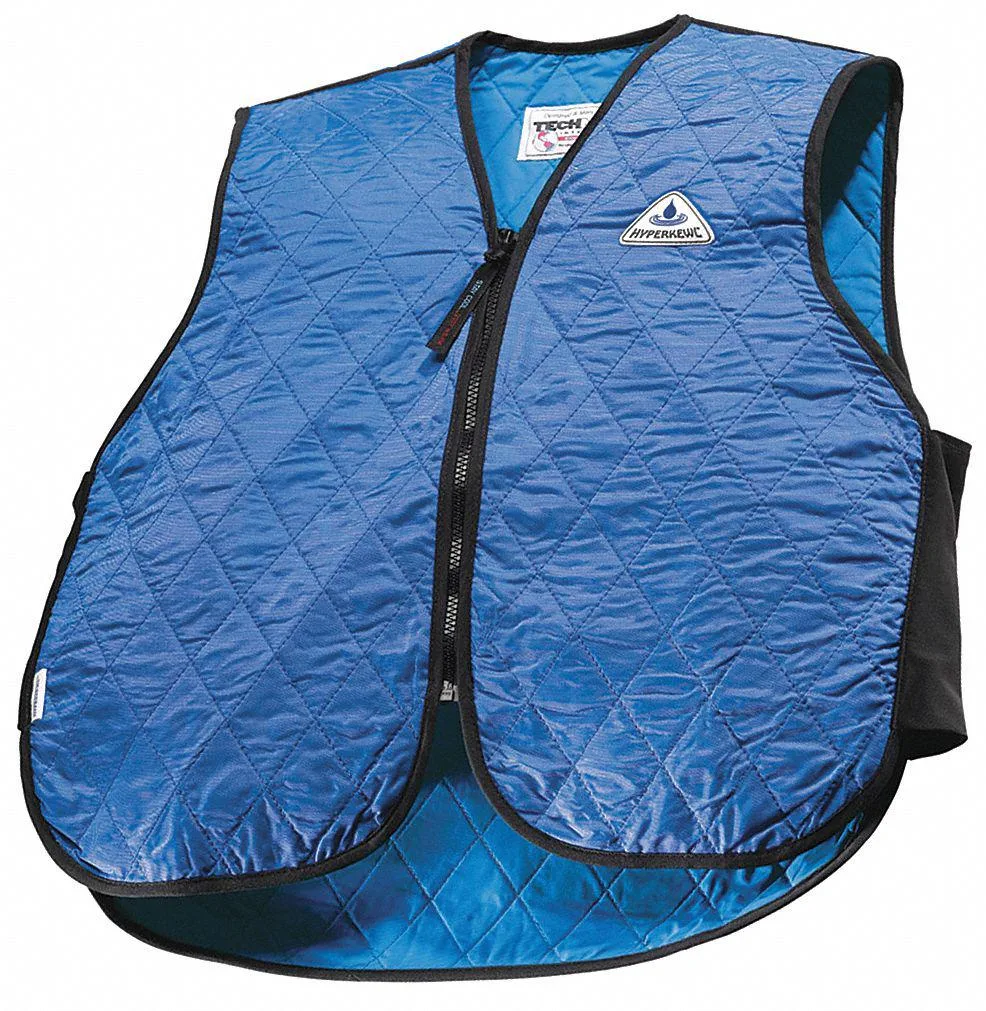 Blue nylon evaporative cooling vest with zipper front