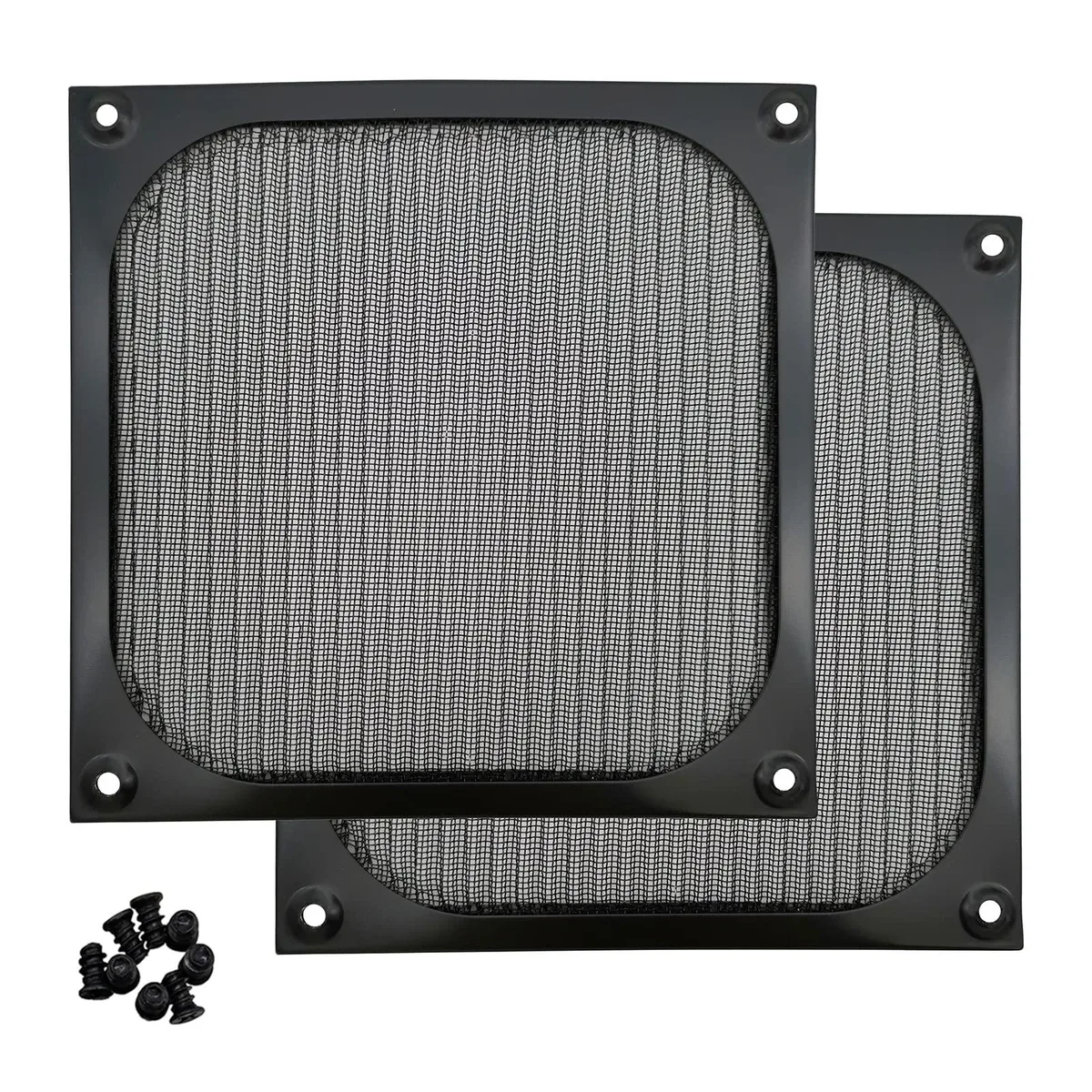 Two black 140 mm fan filters with aluminium frames and stainless steel mesh, plus screws