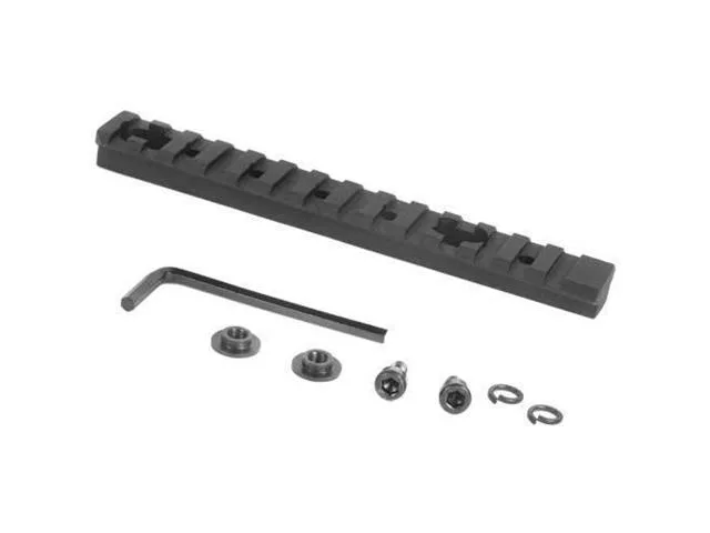 Short Picatinny rail segment in black aluminium with cross-slot bolts and swivel housing