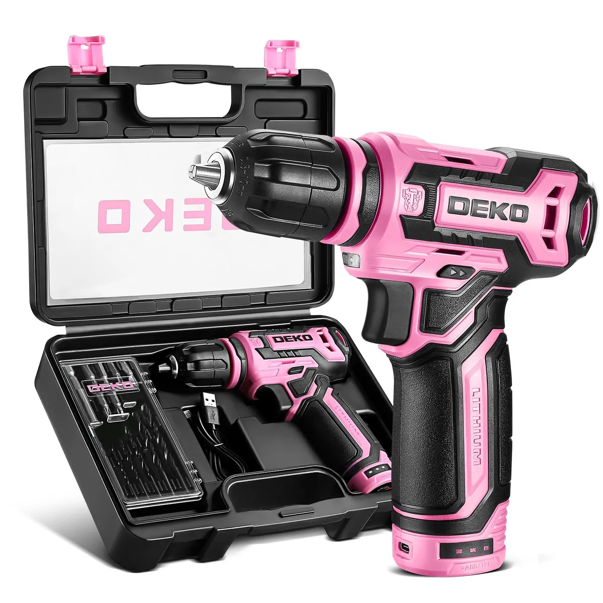 Pink cordless drill with silver accents, Type-C cable, bit set in box