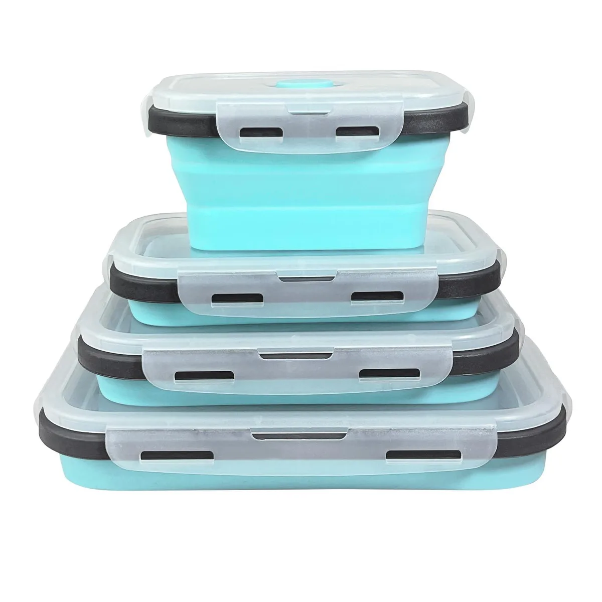 Four red collapsible silicone containers with lids, sizes 12 17 27 40 oz