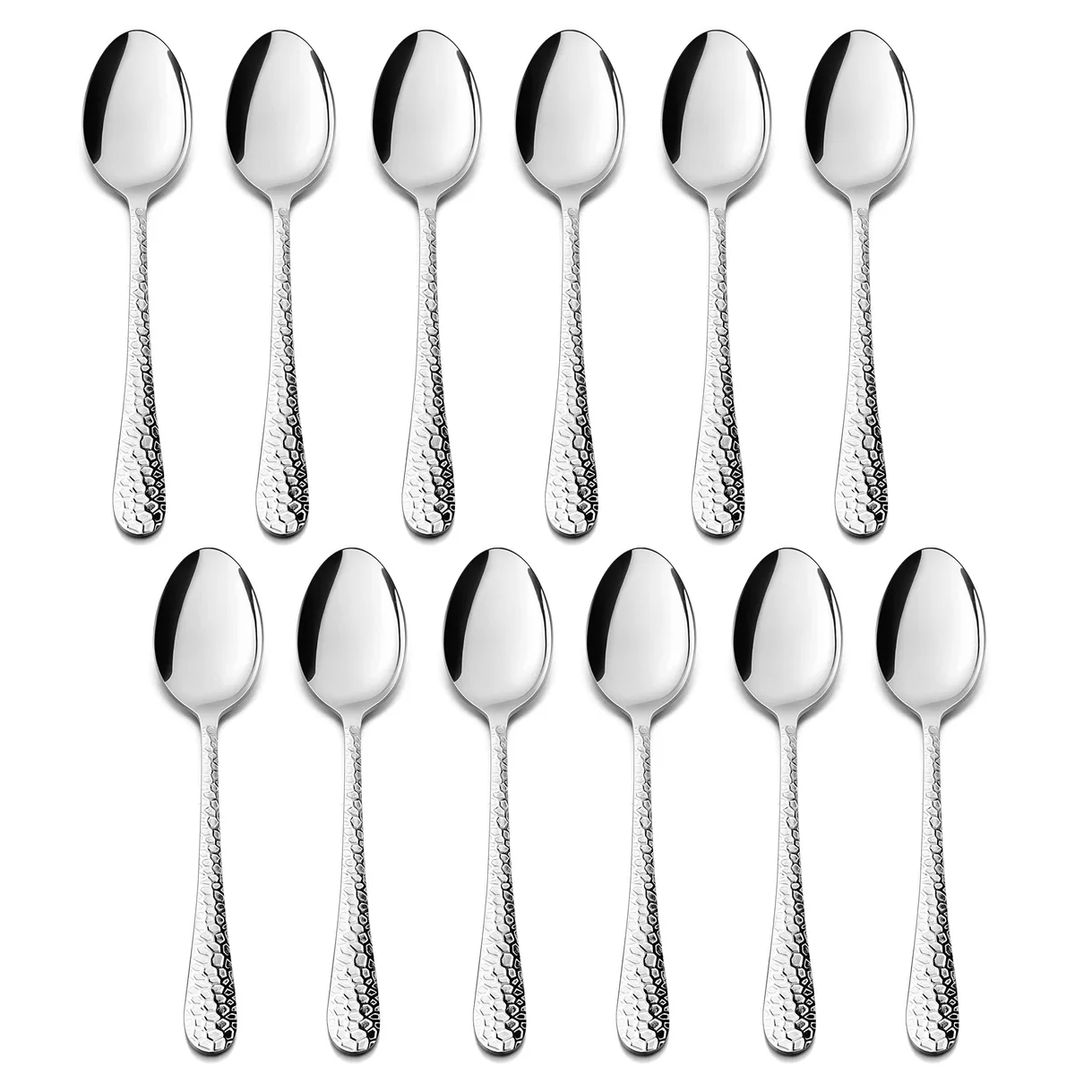 Twelve silver stainless steel espresso spoons with hammered handles lying together