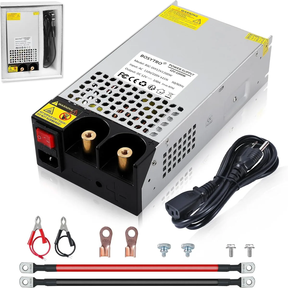 Rectangular aluminium power supply with two nickel-plated terminals and a built-in cooling fan