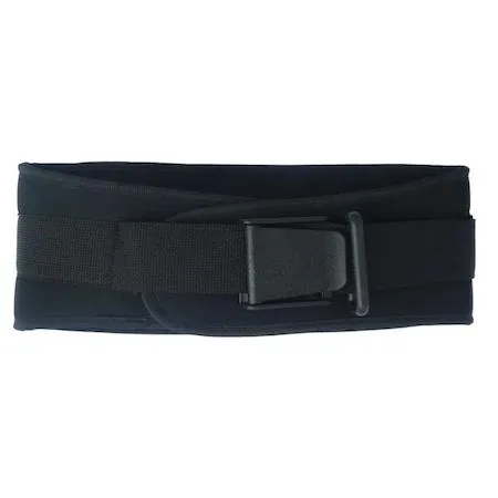 Black nylon back support with foam core, 6 inch wide, cam buckle closure