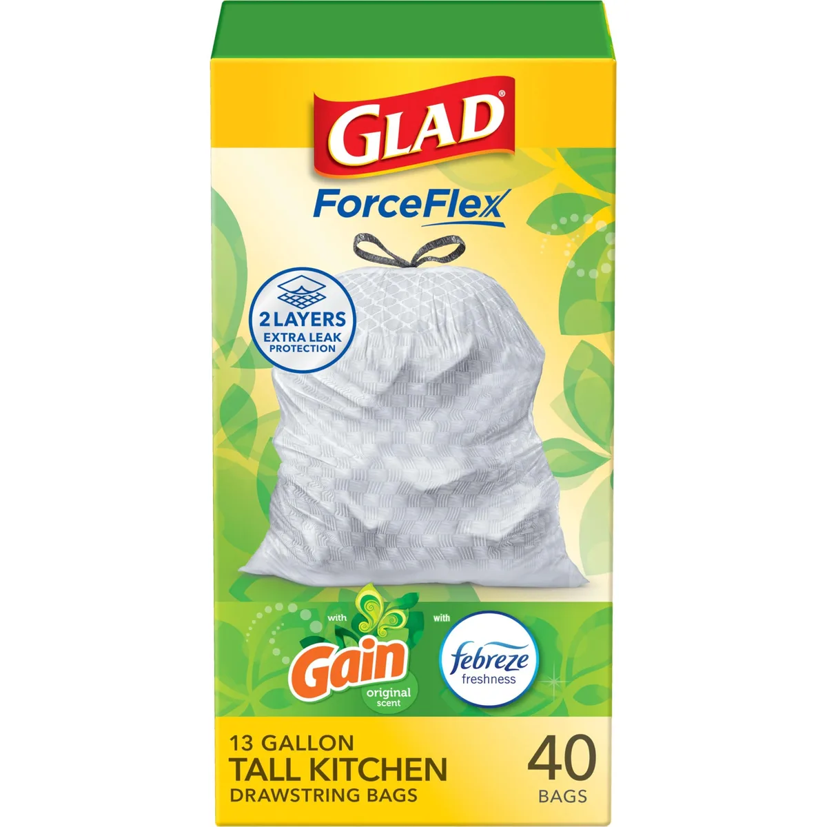 White drawstring trash bag box, 13 gallon, 40 count