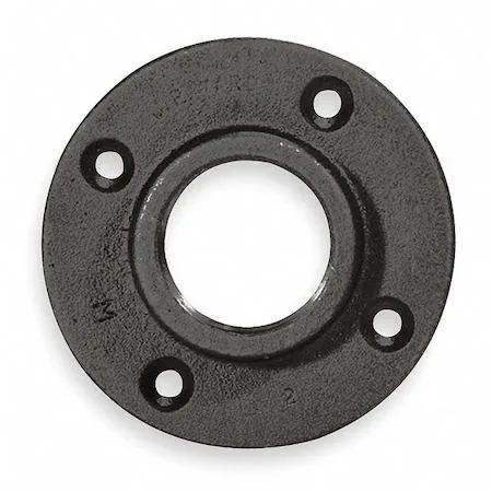 Round malleable iron floor flange with threaded centre hole and four mounting holes