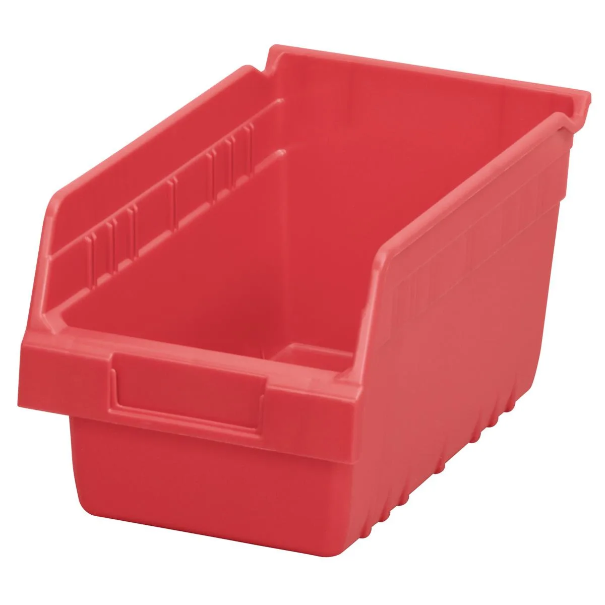 Red plastic shelf bin with moulded label area