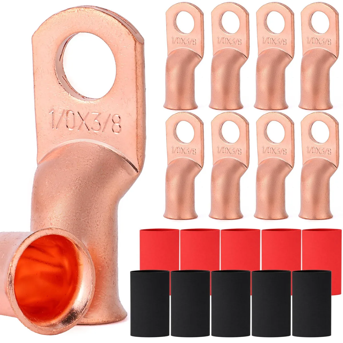  TKDMR 10pcs 1/0 AWG 3/8" Battery Lugs with Heat Shrink Tubing — product photo