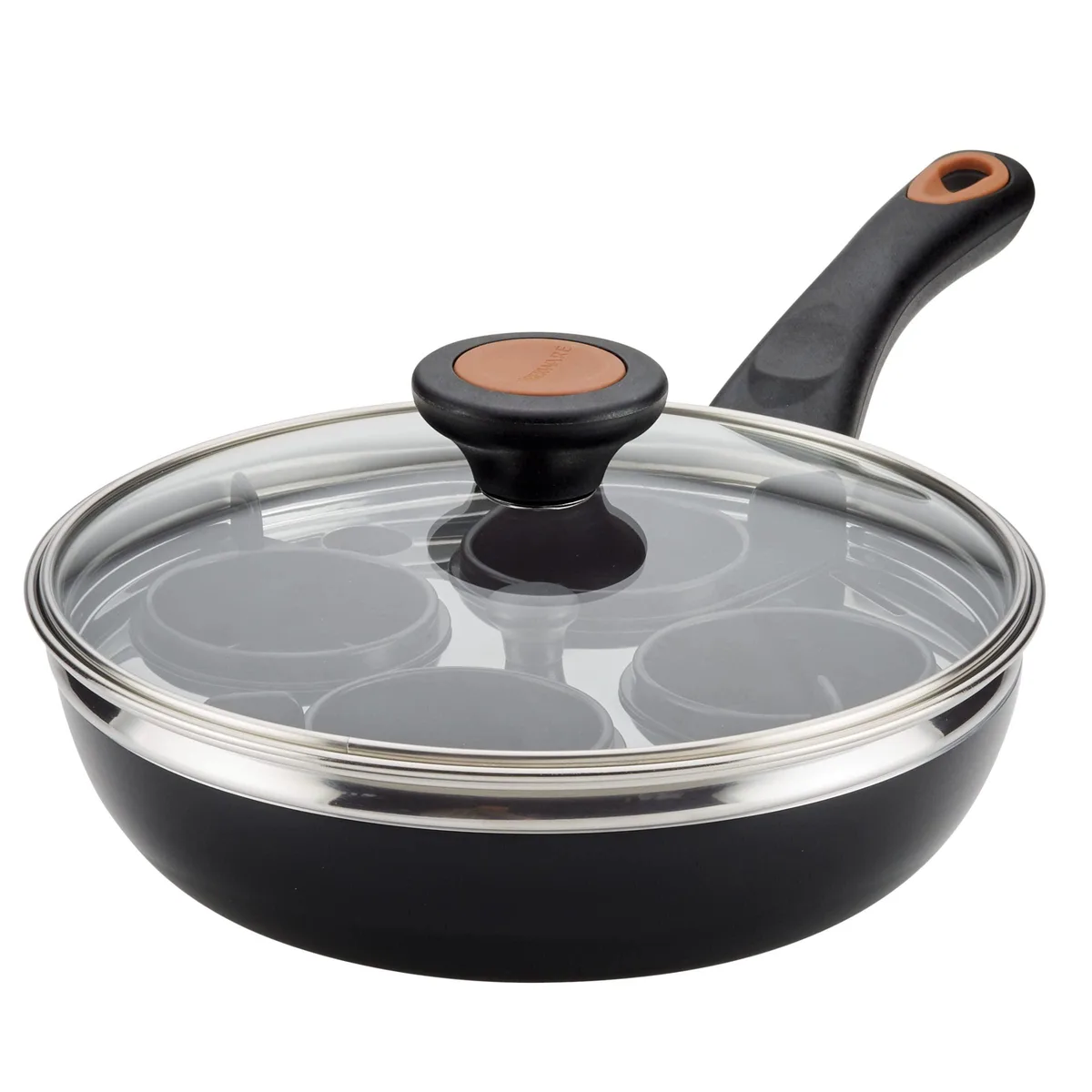 Black 8-inch egg poacher pan with copper ceramic finish, glass lid and four nylon cups