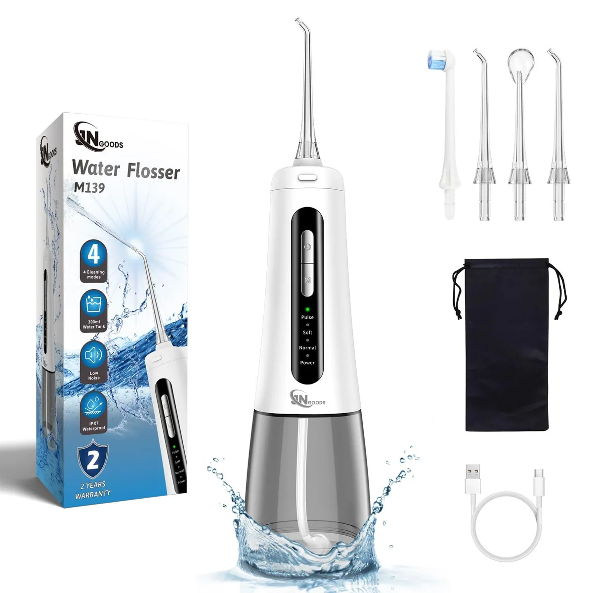 White cordless water flosser with 300ml reservoir and four jet tips