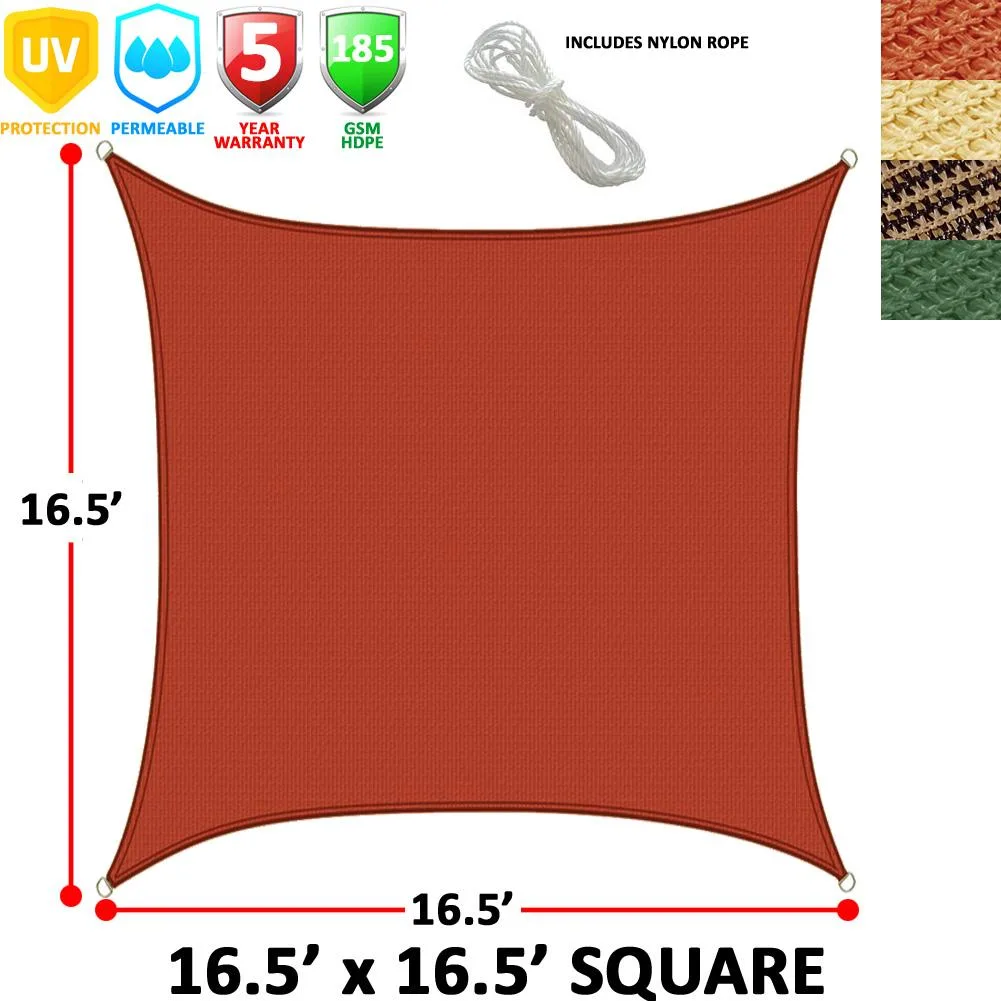 Square sail shade 16.5 ft sides, curved edges, reinforced webbing, terra colour