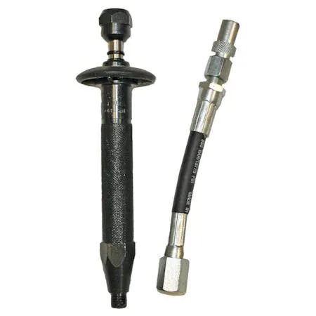 Grey grease fitting unblocker with flex hose coupler and hand guard