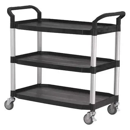 Three-shelf utility cart with black shelves, silver aluminum legs, four wheels and raised handles