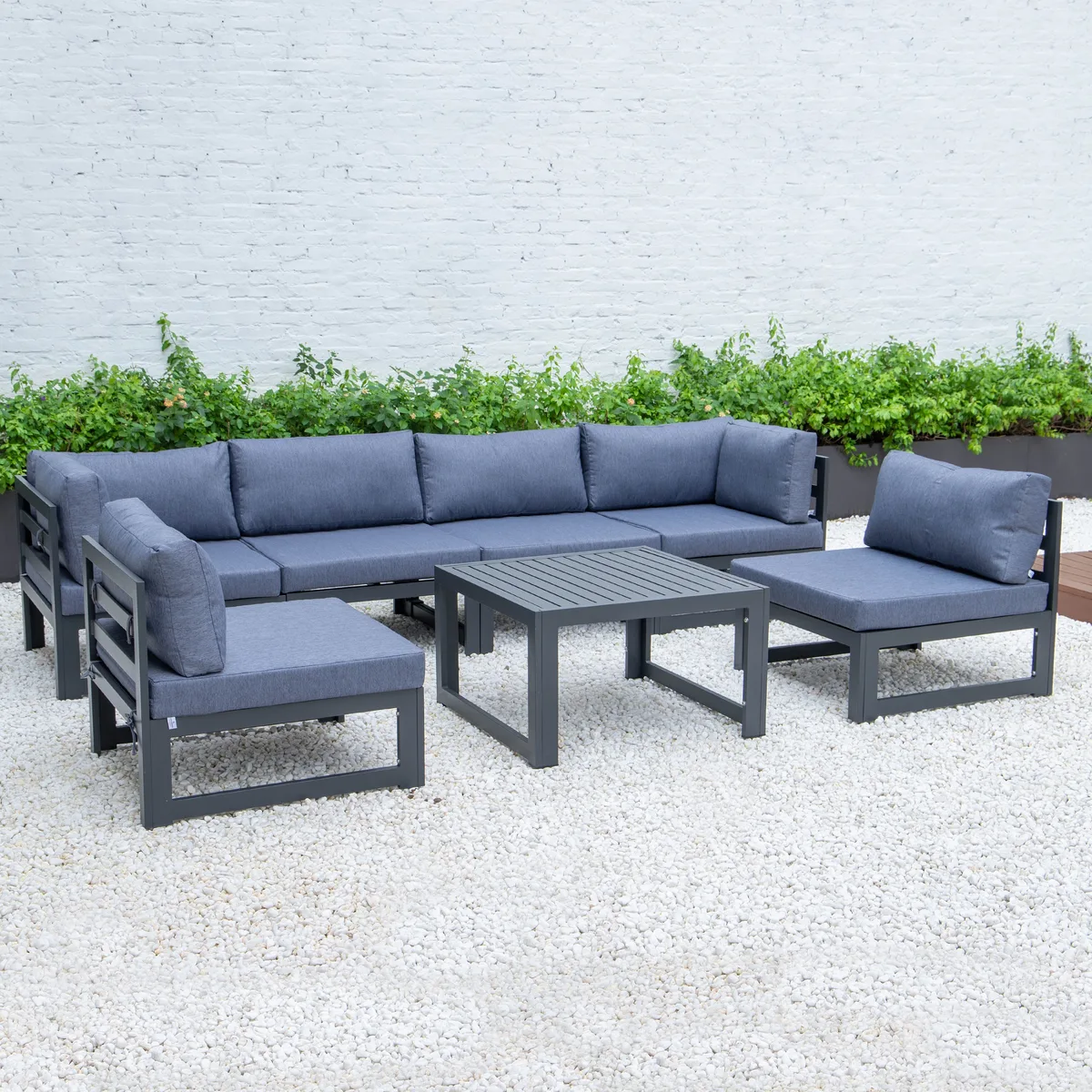 LeisureMod LeisureMod Chelsea 7-Piece Patio Sectional Set Blue — product photo