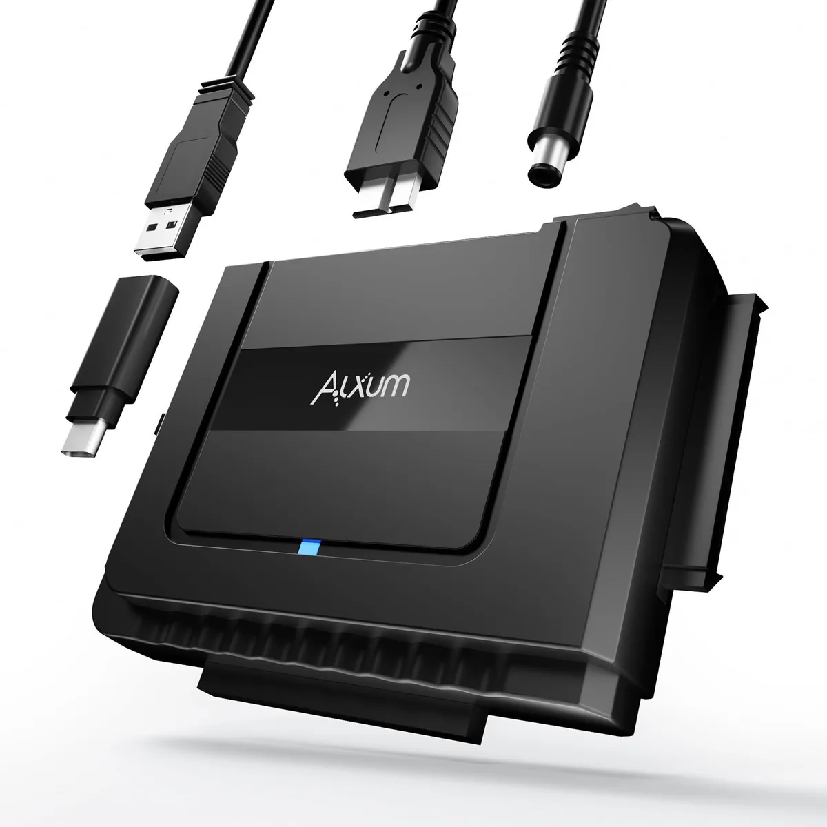 Small black adapter with USB-A and USB-C plugs, SATA and dual IDE ports, LED light, 12V power brick and 4-pin cable