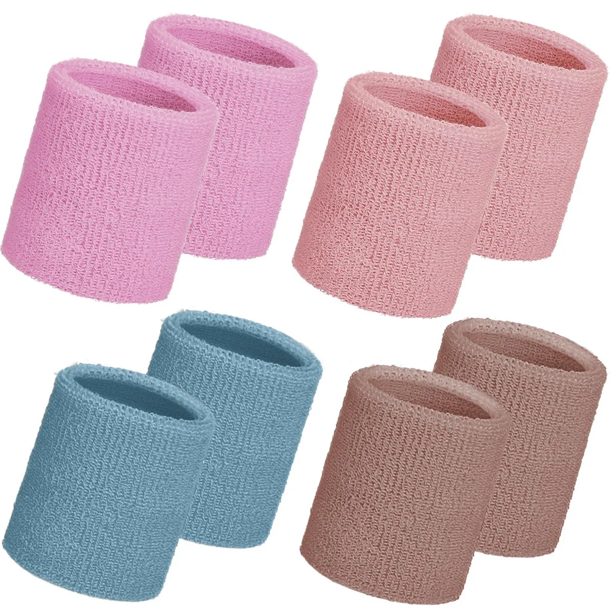 Eight cotton wrist sweatbands in muted Morandi colours, square folded 3.15 inches each