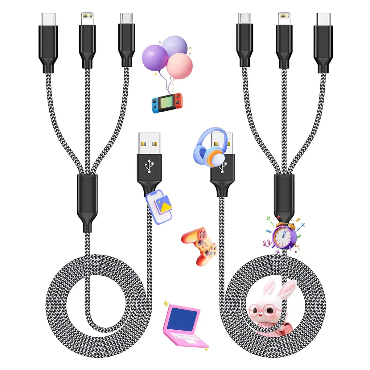 Two orange nylon-braided 3-in-1 USB cables with Type-C, Micro USB and Lightning connectors
