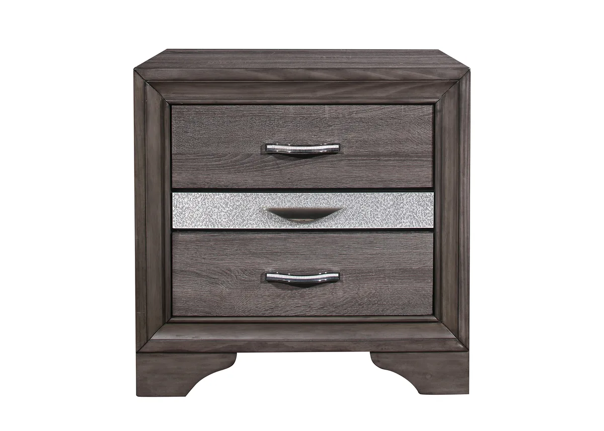 Grey nightstand with three drawers and sparkle finish