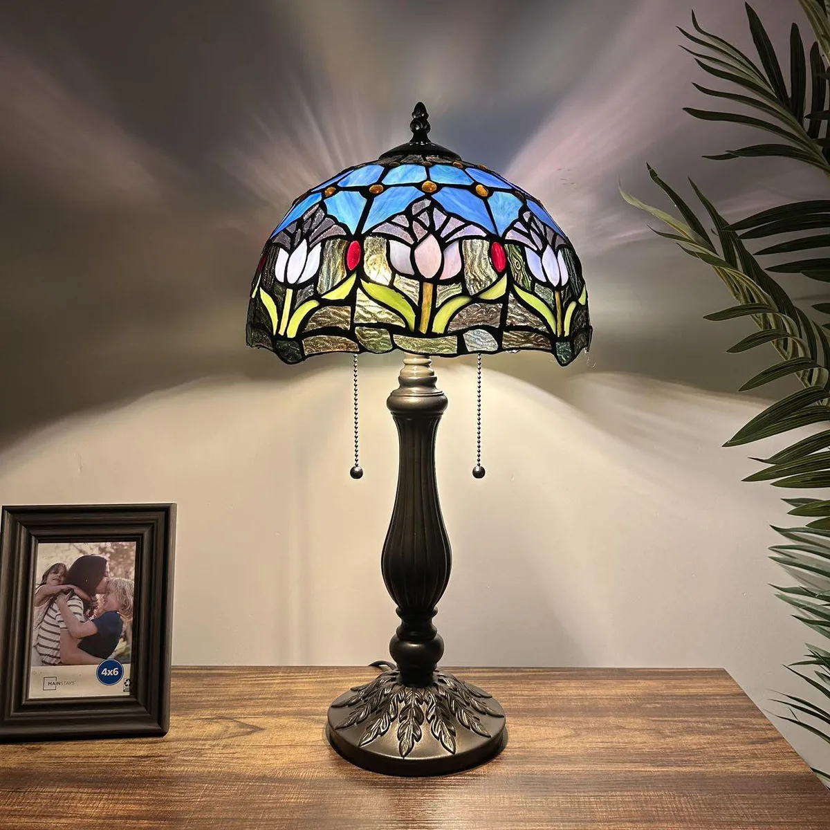 XIN CHENG TIFFANY LIGHTING XIN CHENG TIFFANY LIGHTING Tiffany Table Lamp Purple Blue Stained Glass Tulips 12"W*22"H — product photo